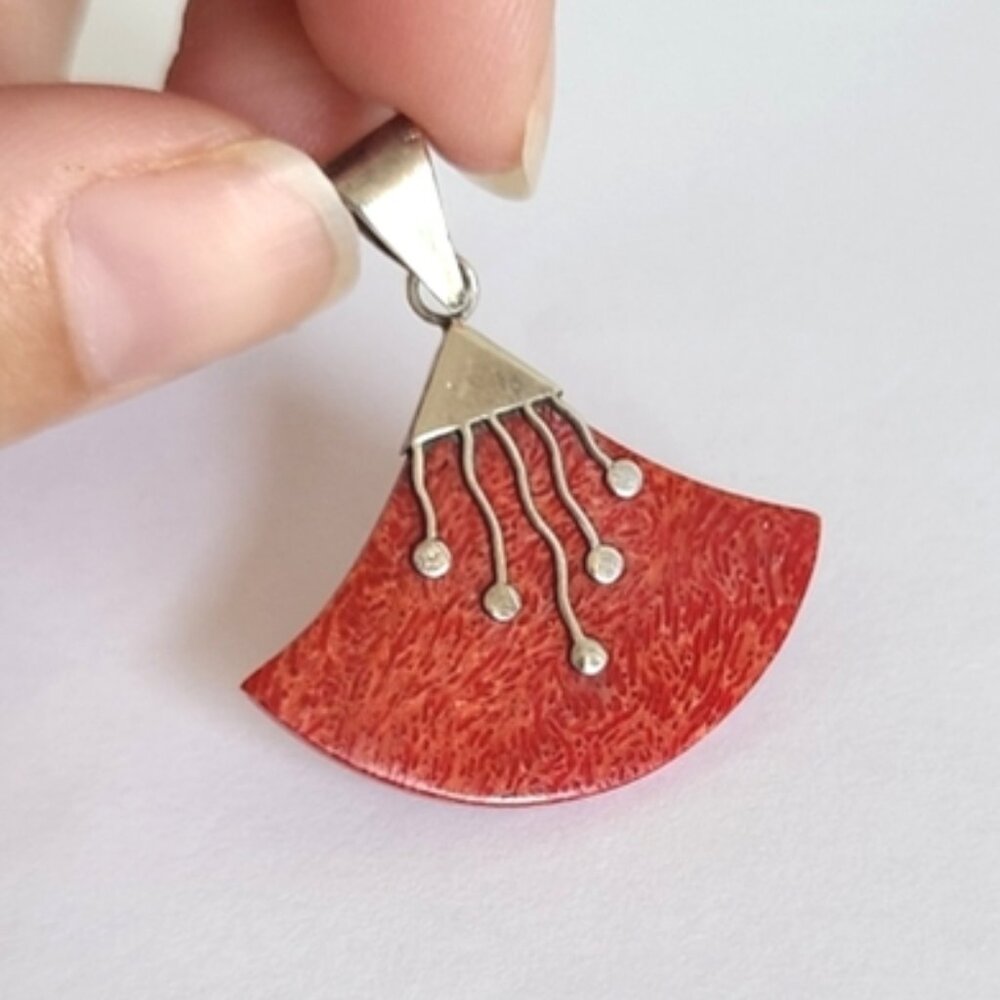 Vintage Boho Art Deco Sterling Silver Indonesia Red Orange Coral Fan Pendant